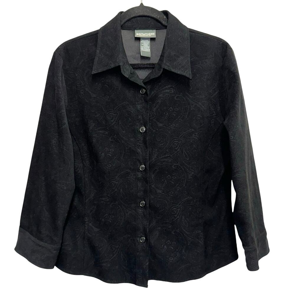 Notations Black Paisley Blouse Medium Button Front Career Top 3/4 Sleeve